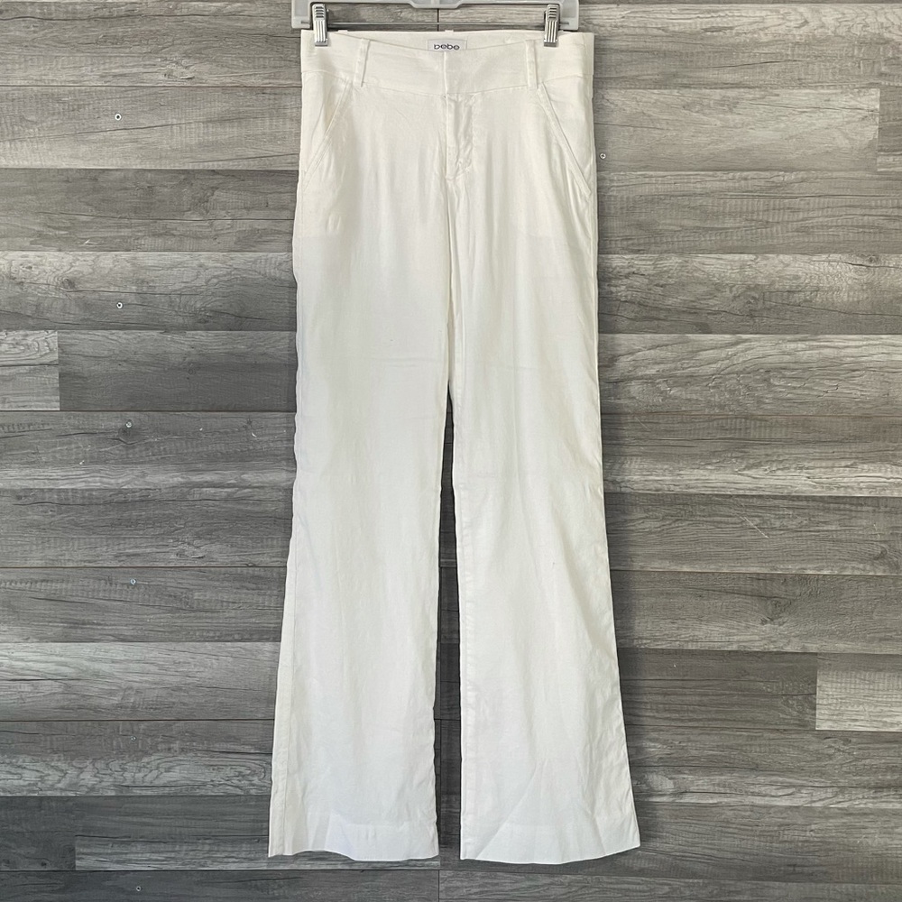 BEBE Womens White Linen Dress Pants Size 0 28x32 Mid Rise Straight Leg